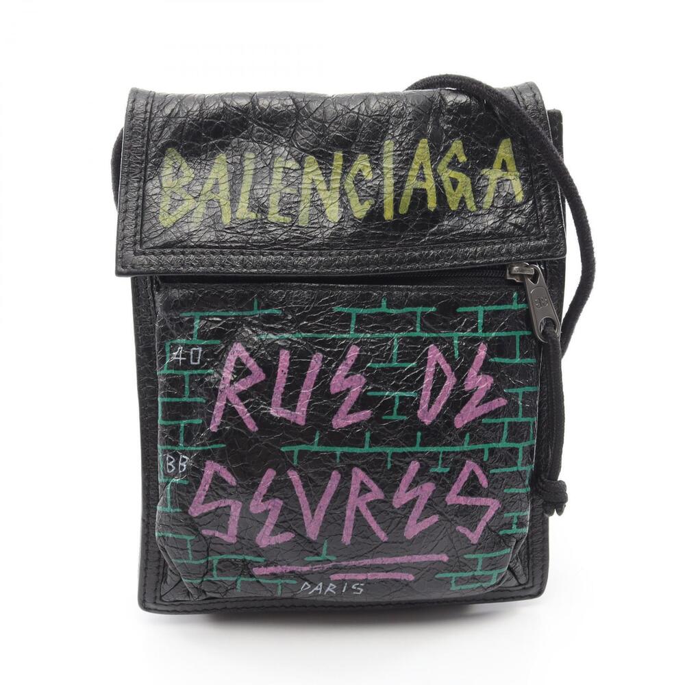 Balenciaga Explorer Pouch Strap Graffiti Shoulder Bag Leather Black Multicolor